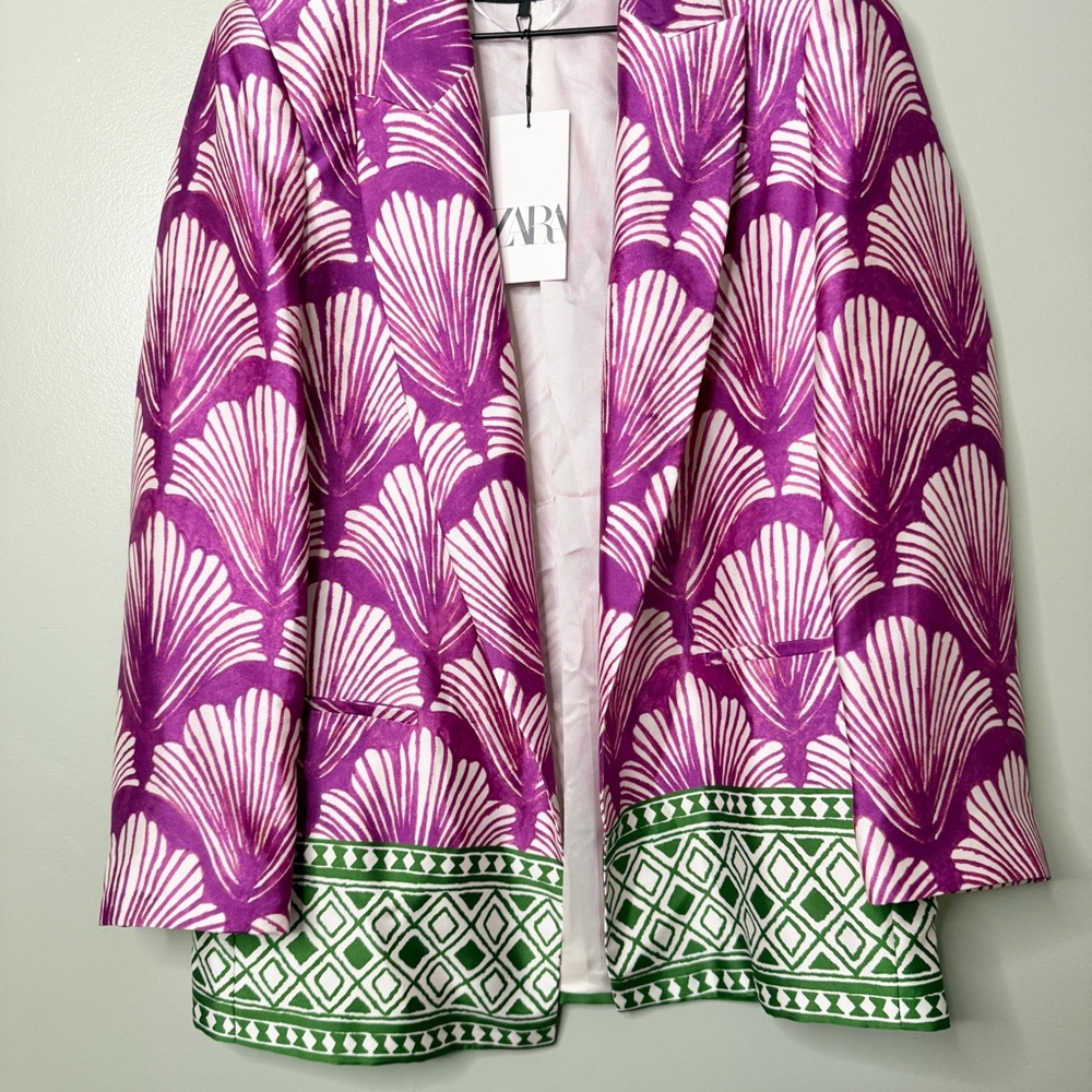 NWT Zara Women’s Satin‎ Effect Printed Blazer Jacket Green Purple White Medium - Picture 8 of 9